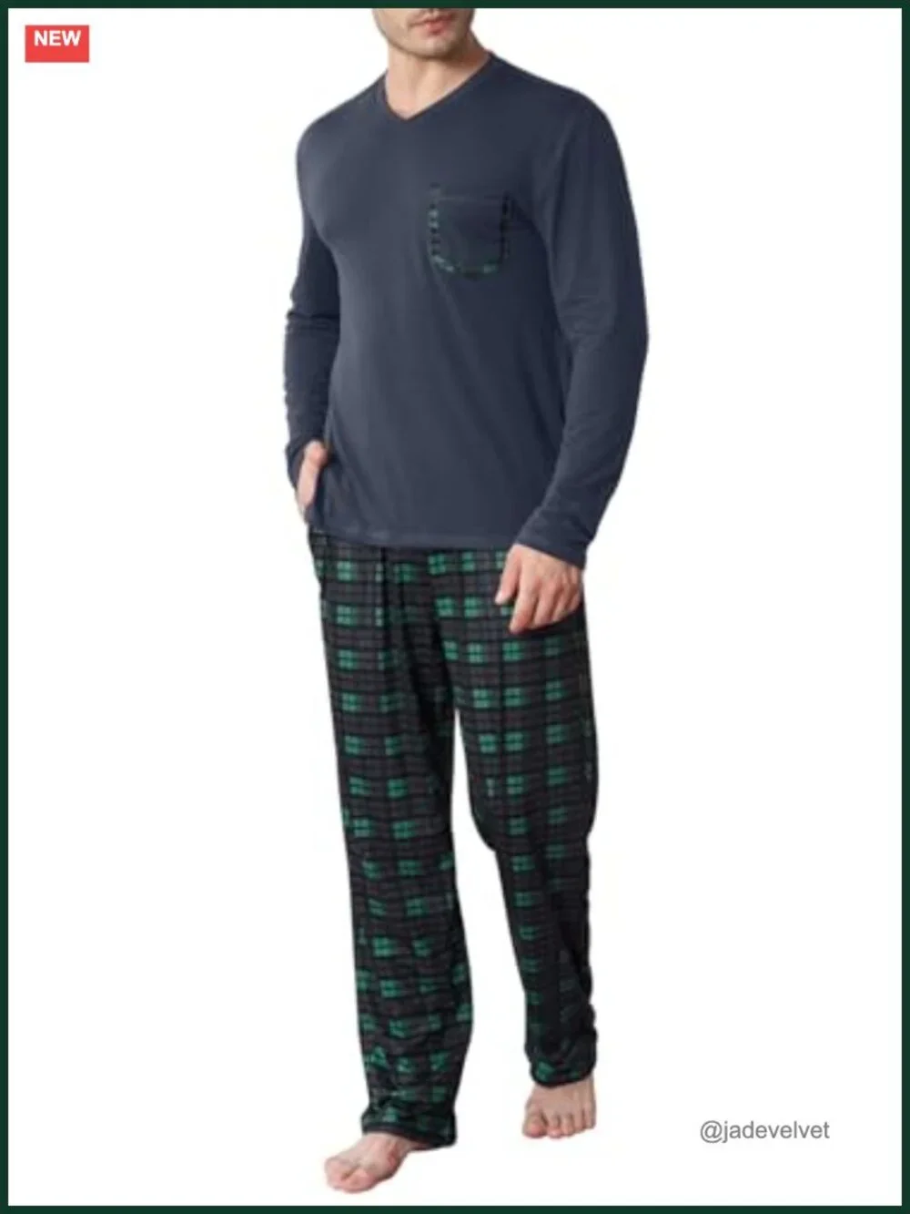 Mens Pajamas Set V Neck Top Plaid Pants 2 Piece Pjs Sleep Lounge